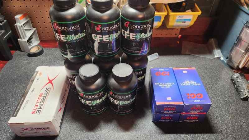 Pistol primers, powders and bullets
